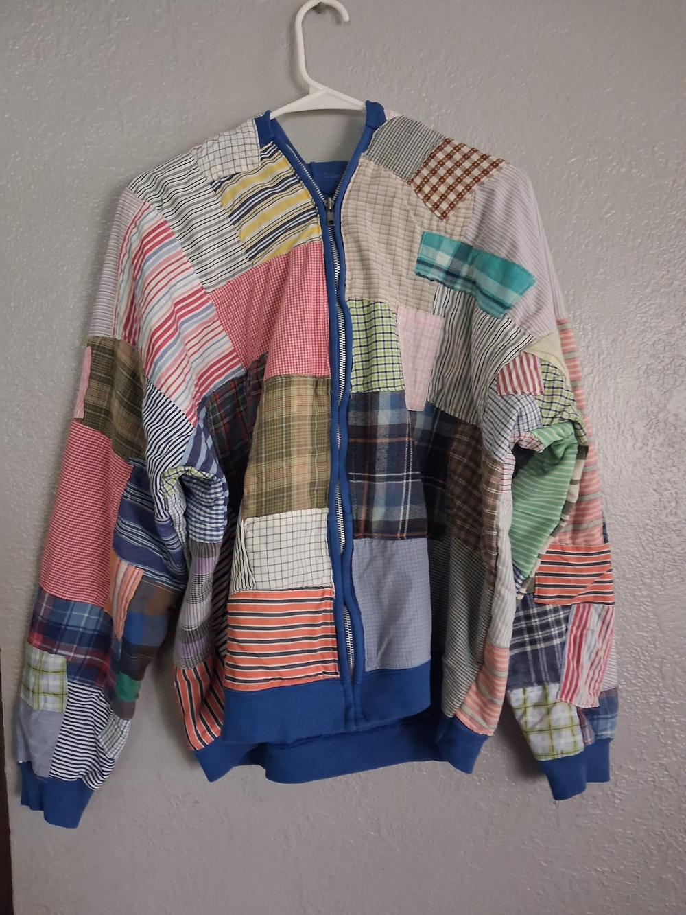 Vintage Patchwork Multi-Color Hooded Zip Up Bomber Jacket L